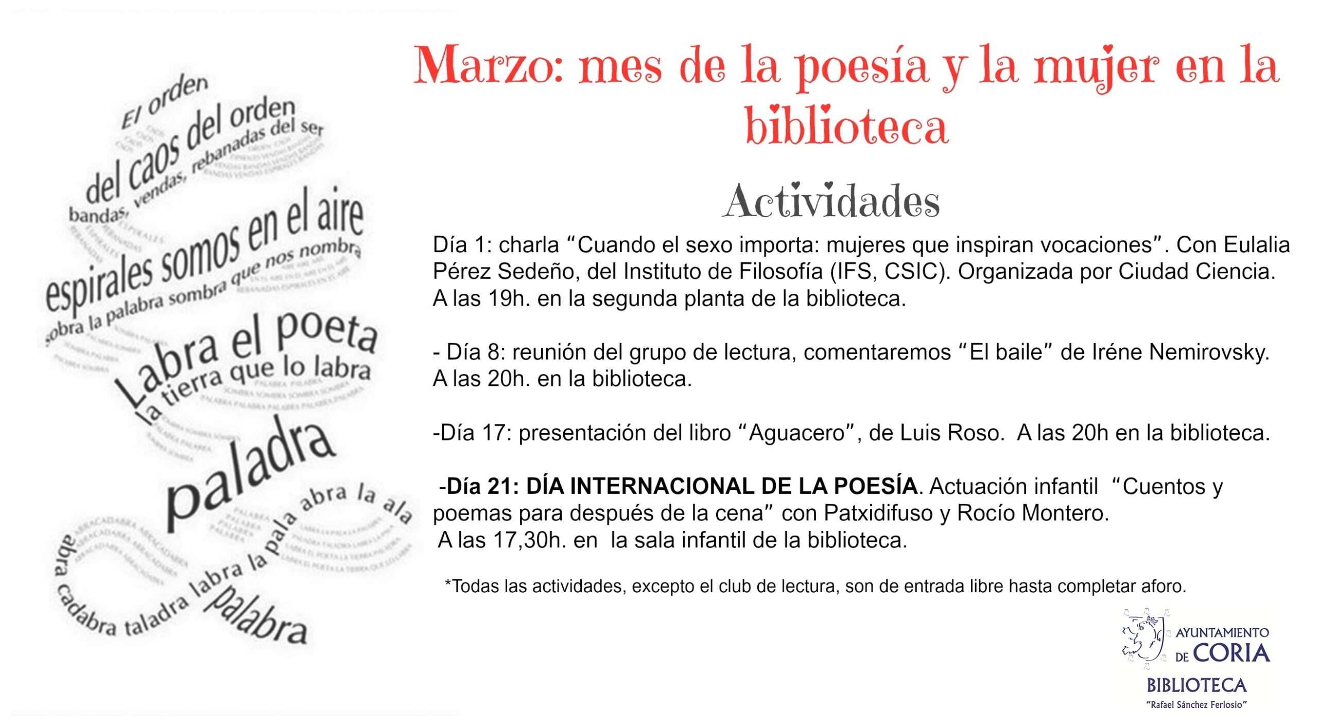 Varias actividades en el Día Internacional de la poesía en Coria y sus pedanías