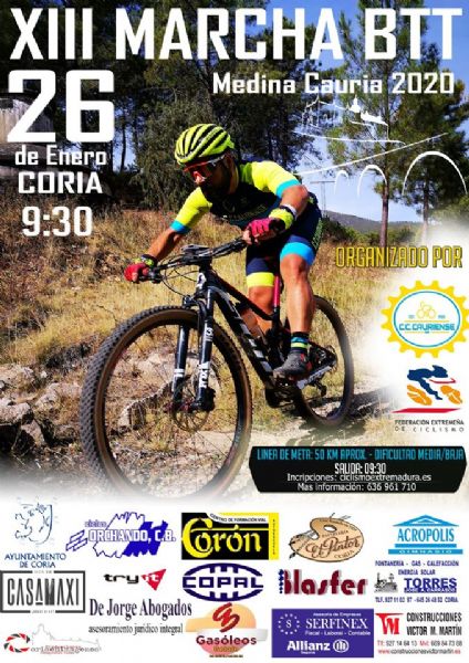 El Club Ciclista Cauriense y la Federación Extremeña de Ciclismo organiza la XIII Marcha BTT el domingo 26 de enero