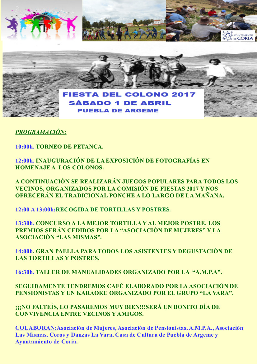 Puebla de Argeme celebrará la Fiesta del Colono este sábado 1 de abril