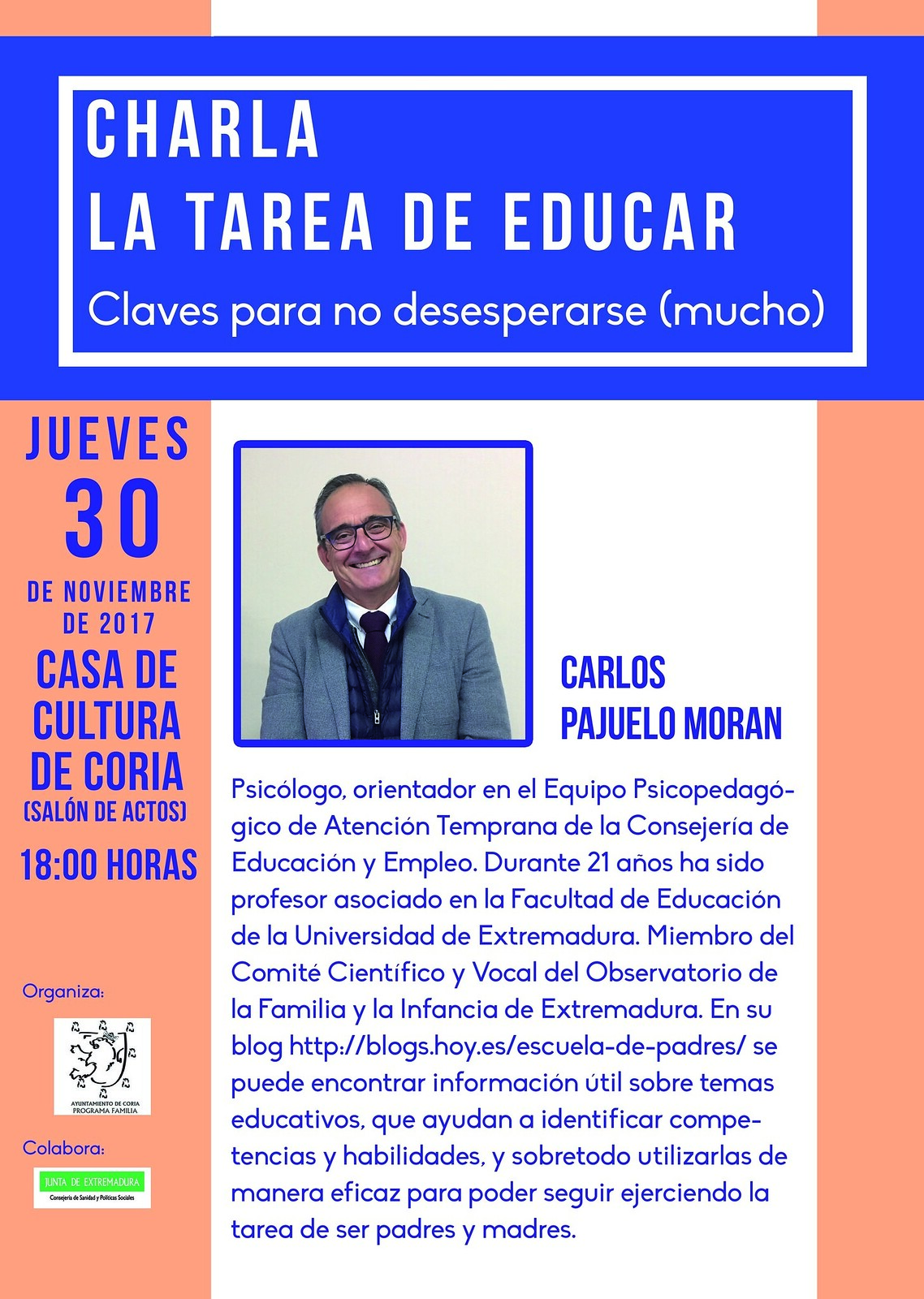 Charla sobre la tarea de educar. «Claves para no desesperarse (mucho)» con el Psicólogo Carlos Pajuelo