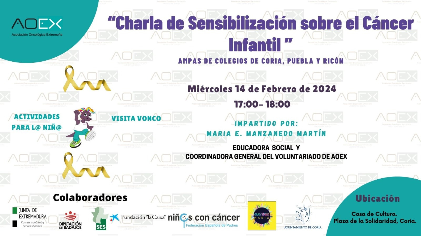 Coria conmemora el Día Internacional del Cáncer Infantil con la compañía de Vonco y una charla de sensibilización