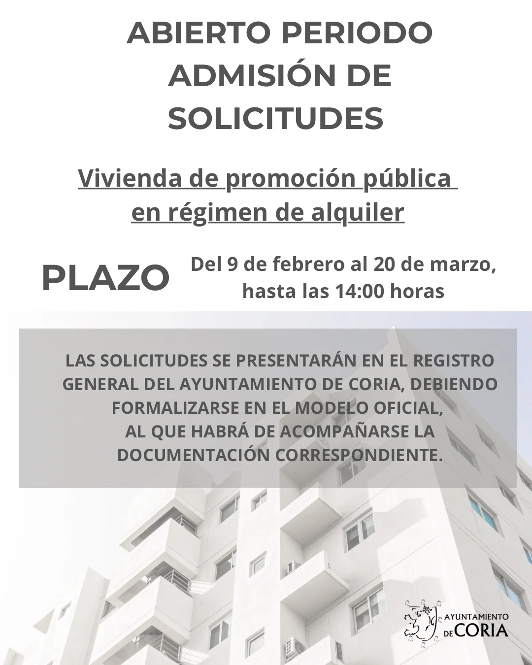 Plazo de admisión de Solicitudes para la adjudicación de una vivienda de promoción pública