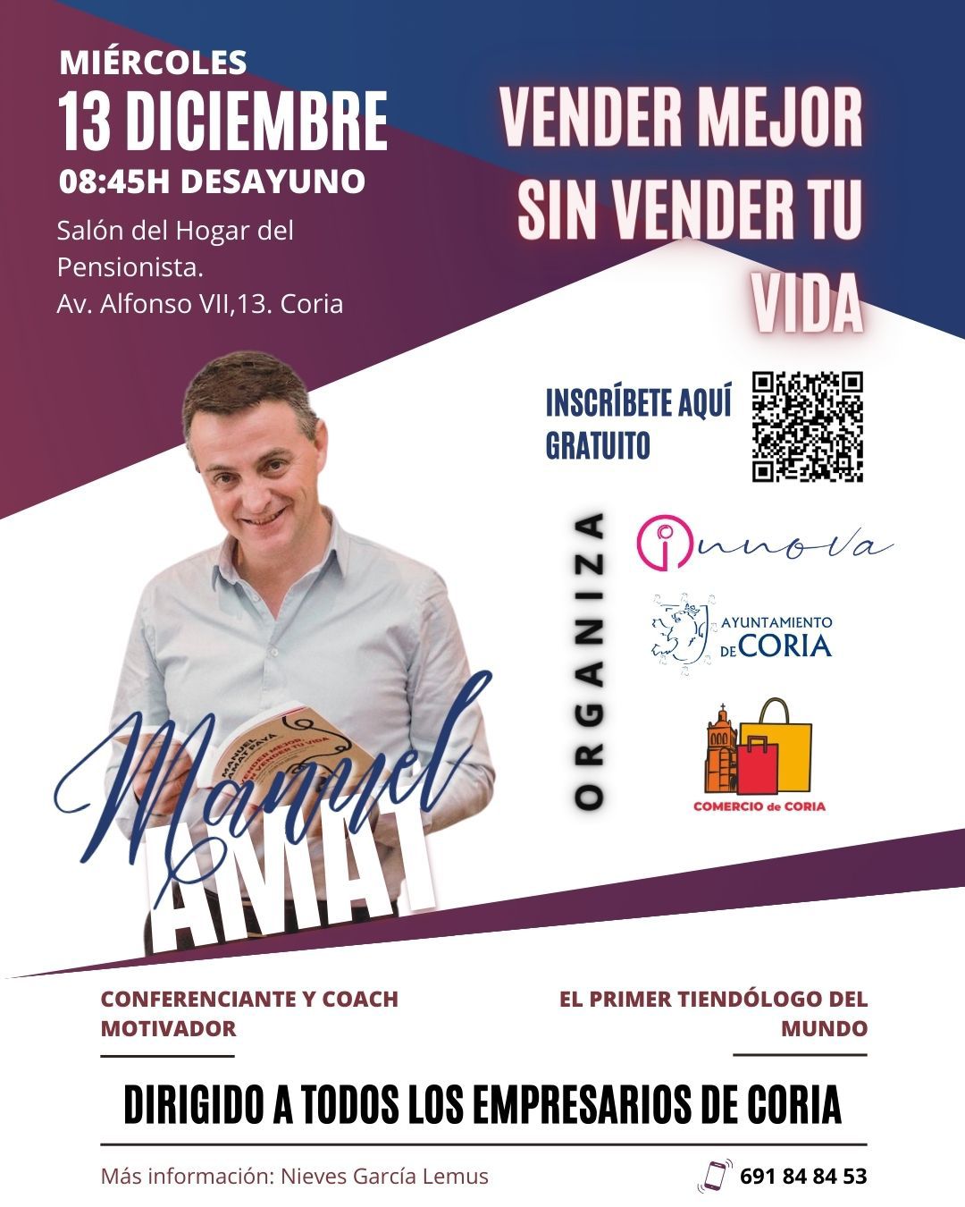 Desayuno-conferencia con Manuel Amat, el próximo día 13 de diciembre en Coria